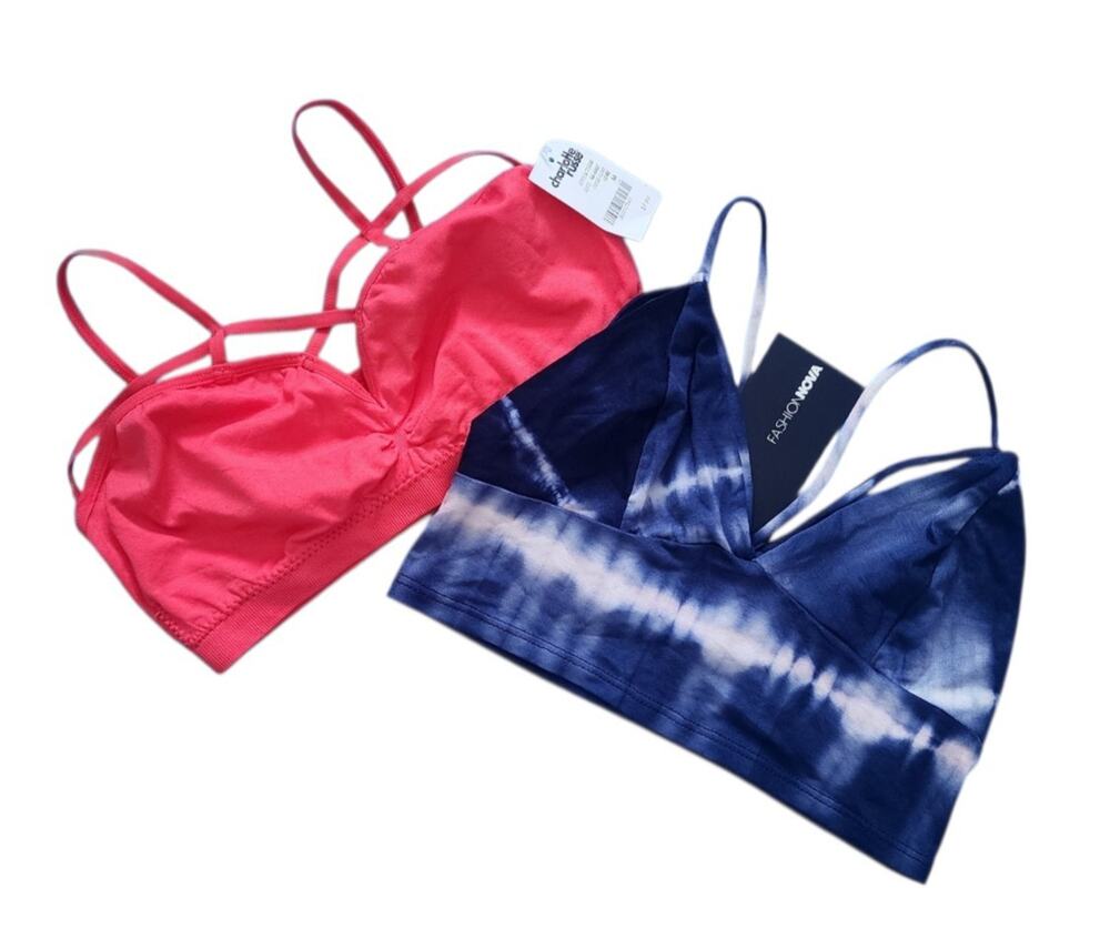 Lot Of 2 Charlotte Russe Pink Caged Bralette Fahion Nova Blue Tie Dye Crop Top.